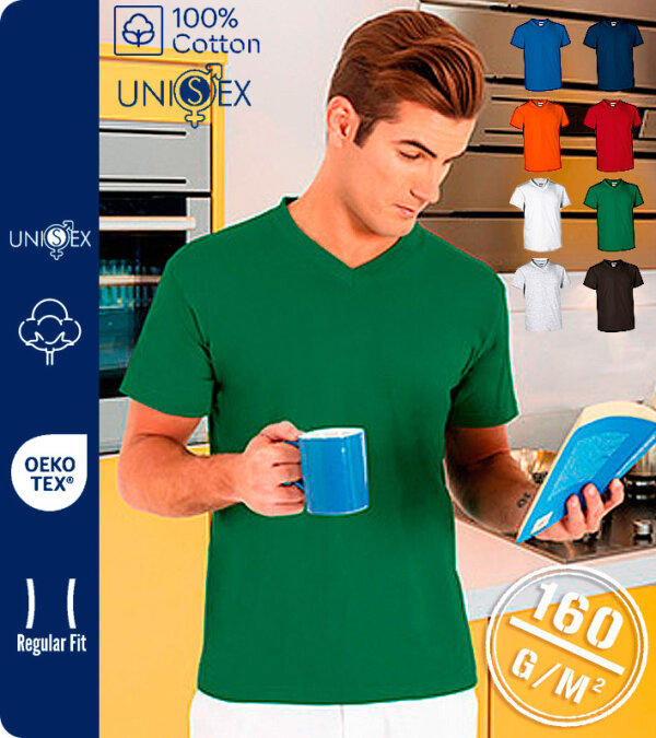 CAMISETA HOMBRE CUELLO PICO MANGA CORTA 100% ALGODÓN 160 Grms. VALENTO SUN