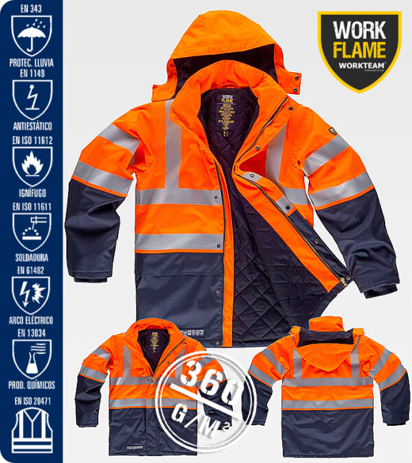 CAZADORA/PARKA IGNÍFUGA, IMPERMEABLE, ANTIESTÁTICA CON PROTECCIÓN PARA SOLDADURA, ARCO ELÉCTRICO Y CONTRA PRODUCTOS QUÍMICOS, DE ALTA VISIBILIDAD 360 Grms WORKTEAM B3795