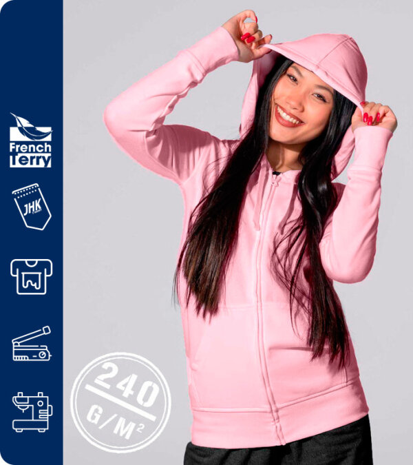 SUDADERA CAPUCHA MUJER  CREMALLERA ENTERA FRENCH TERRY 60% ALGODÓN  SWEATSHIRT 240 Grms. JHK SWULHOOD240