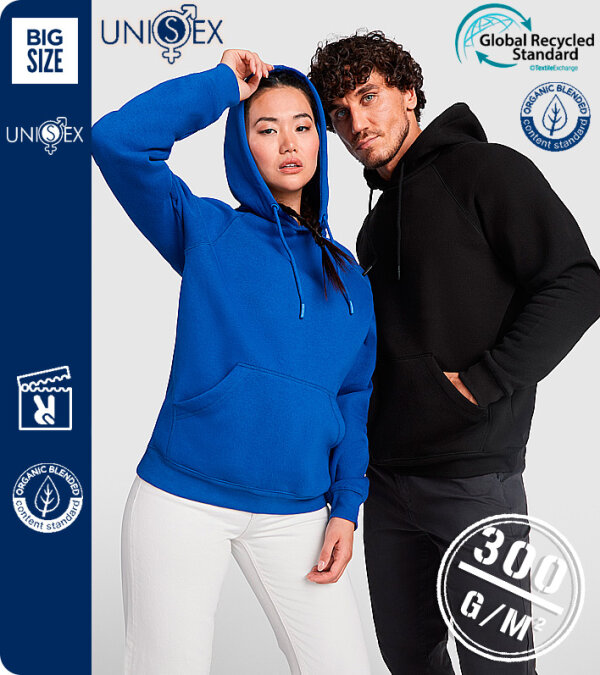 SUDADERA CAPUCHA UNISEX EN ALGODÓN ORGÁNICO Y POLIÉSTER RECICLADO 300 Grms. ROLY VINSON 1074