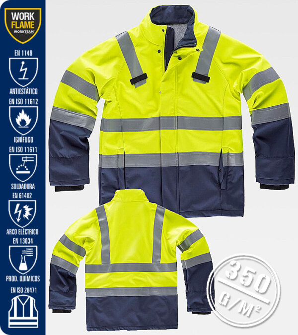 CAZADORA/CHAQUETA IGNÍFUGA, ANTIESTÁTICA CON PROTECCIÓN PARA SOLDADURA, ARCO ELÉCTRICO Y CONTRA PRODUCTOS QUÍMICOS, DE ALTA VISIBILIDAD 350 Grms WORKTEAM S9591