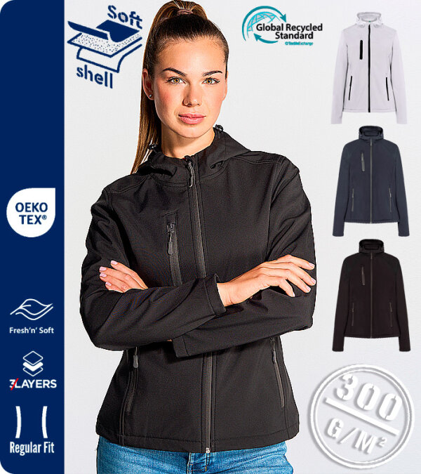 CHAQUETA MUJER SOFTSHELL TRICAPA CON CAPUCHA-NTERIOR FORRO POLAR -JHK SOFTHOODL