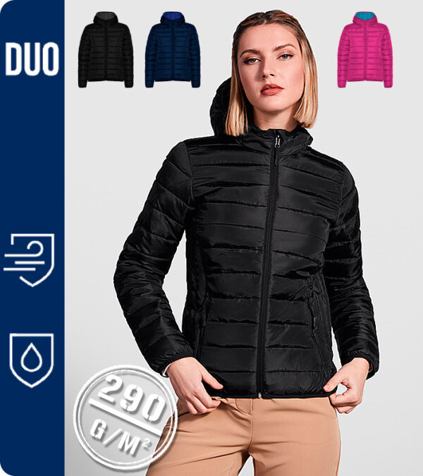 CHAQUETA MUJER ACOLCHADA RELLENO TACTO PLUMA Y CAPUCHA. 290Grms. ROLY NORWAY WOMAN 5091