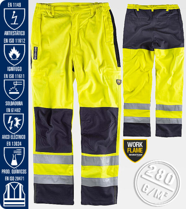 PANTALÓN IGNÍFUGO, ANTIESTÁTICO CON PROTECCIÓN PARA SOLDADURA, ARCO ELÉCTRICO Y CONTRA PRODUCTOS QUÍMICOS, DE ALTA VISIBILIDAD 280 Grms WORKTEAM B1492