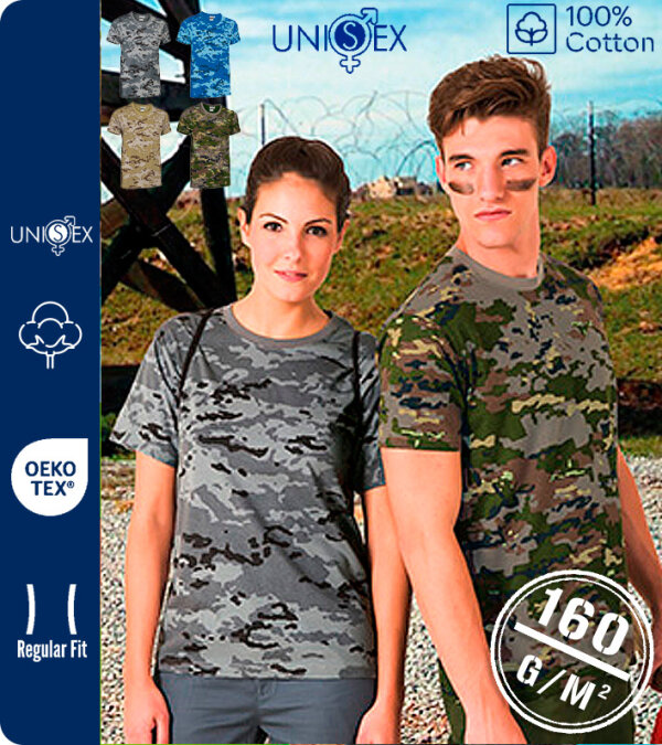 CAMISETA UNISEX MANGA CORTA DISEÑO CAMUFLAJE  100% ALGODÓN 160 Grms. VALENTO SOLDIER