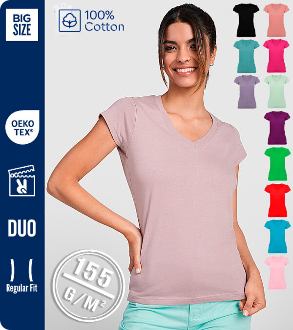 CAMISETA MUJER 100% ALGODÓN CUELLO PICO 155 Grms. ROLY VICTORIA 6646