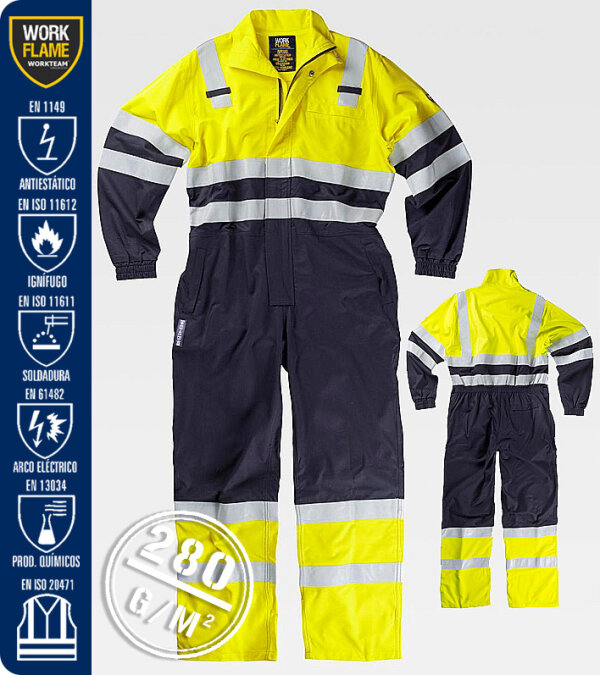 BUZO IGNÍFUGO Y ANTIESTÁTICO CON PROTECCIÓN PARA SOLDADURA Y ARCO ELÉCTRICO DE ALTA VISIBILIDAD 280 Grms WORKTEAM C5091