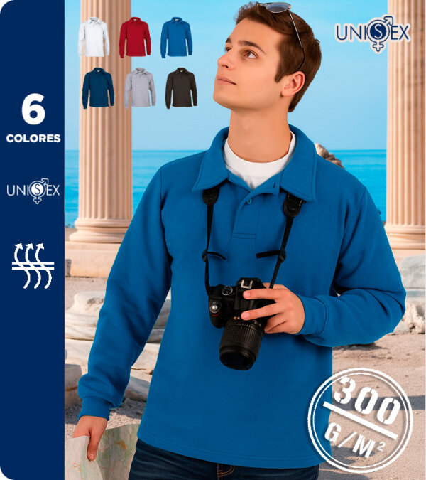 SUDADERA CUELLO POLO MANGA LARGA, CINTURA ABIERTA  Y PUÑOS. 300 Grms. VALENTO APOLO