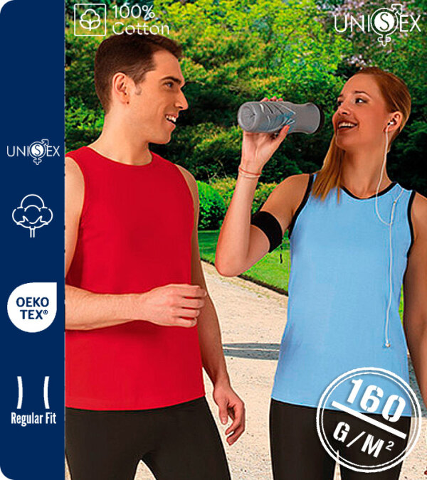 CAMISETA UNISEX SIN MANGAS AMPLIO CUELLO REDONDO 100% ALGODÓN CORTE REGULAR 160 Grms. VALENTO ATLETIC