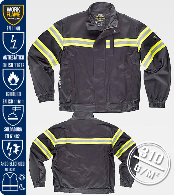 CAZADORA IGNÍFUGA Y ANTIESTÁTICA CON PROTECCIÓN PARA SOLDADURA Y ARCO ELÉCTRICO CINTAS REFLECTANTES 310 Grms WORKTEAM B1198