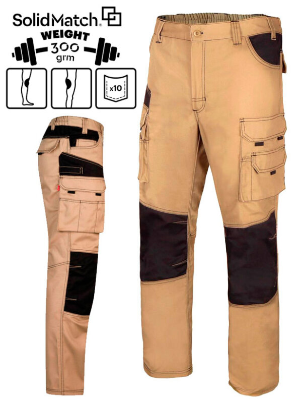 PANTALÓN GRUESO MULTIBOLSILLOS  300Grms. CANVAS BICOLOR  CON REFUERZO 103011B - GAMA SOLIDMATCH -