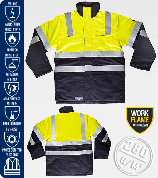 CAZADORA/PARKA IGNÍFUGA, ANTIESTÁTICA CON PROTECCIÓN PARA SOLDADURA, ARCO ELÉCTRICO Y CONTRA PRODUCTOS QUÍMICOS, DE ALTA VISIBILIDAD 280 Grms WORKTEAM B3791