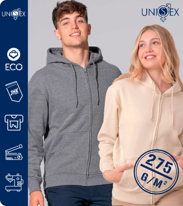 SUDADERA CAPUCHA CREMALLERA COMPLETA UNISEX FUJI 80% ALGODÓN ORGÁNICO  275 Grms. JHK SWHOODECO